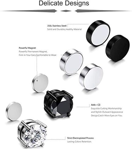 4 Pairs Stainless Steel Magnetic Stud Earrings for Men Women Non Piercing Clip on CZ Earrings 6MM in Saudi Arabia