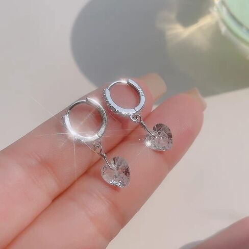 Huggie Crystal Heart Hoop Earrings for Women Girls 925 Sterling Silver CZ Charms Dangle Drop Small Hoops Cartilage Hypoallergenic Piercing Cuff Wrap Cute Birthday Valentine Mother's Day Jewelry Gifts for Her in Saudi Arabia