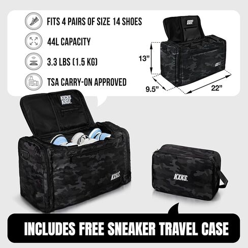 KXKS. (Kicks Kase) حقيبة رياضية مموهة فاخرة وحقيبة سفر من القماش الخشن - 3 فواصل مقصورة قابلة للتعديل - للأحذية والملابس وصالة الألعاب الرياضية (أسود مموه/أخضر حمضي) in Kuwait