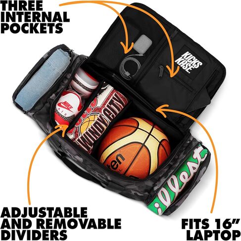 KXKS. (Kicks Kase) حقيبة رياضية مموهة فاخرة وحقيبة سفر من القماش الخشن - 3 فواصل مقصورة قابلة للتعديل - للأحذية والملابس وصالة الألعاب الرياضية (أسود مموه/أخضر حمضي) in Kuwait