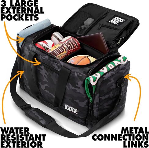 KXKS. (Kicks Kase) حقيبة رياضية مموهة فاخرة وحقيبة سفر من القماش الخشن - 3 فواصل مقصورة قابلة للتعديل - للأحذية والملابس وصالة الألعاب الرياضية (أسود مموه/أخضر حمضي) in Kuwait