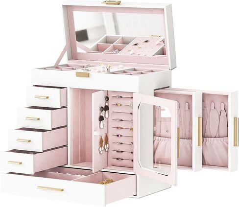 HOOBRO Jewelry Box with Mirror, Jewelry Organizer Box with Capacious Storage Space, Jewelry Holder Organizer, Hand-Held Jewelry Case, Glass Cover, Modern Style, Black and Light Gold BK06JB04G1 in Saudi Arabia