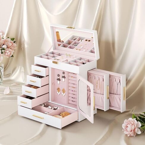 HOOBRO Jewelry Box with Mirror, Jewelry Organizer Box with Capacious Storage Space, Jewelry Holder Organizer, Hand-Held Jewelry Case, Glass Cover, Modern Style, Black and Light Gold BK06JB04G1 in Saudi Arabia