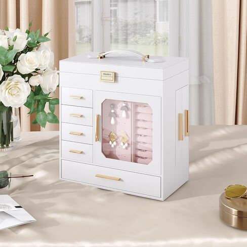 HOOBRO Jewelry Box with Mirror, Jewelry Organizer Box with Capacious Storage Space, Jewelry Holder Organizer, Hand-Held Jewelry Case, Glass Cover, Modern Style, Black and Light Gold BK06JB04G1 in Saudi Arabia