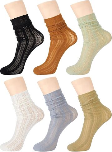 Bencailor 6 Pairs Women Lace Socks Mesh Sheer Ankle Socks Through Transparent Tulle High Sock Decorated Slouch Dress Socks in Saudi Arabia