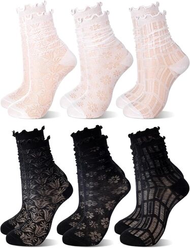 Bencailor 6 Pairs Women Lace Socks Mesh Sheer Ankle Socks Through Transparent Tulle High Sock Decorated Slouch Dress Socks in Saudi Arabia