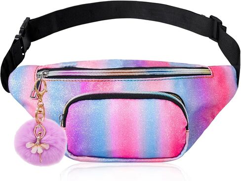 حقائب حزام صغيرة خفيفة الوزن للفتيات من Shiny Fashion Cute Kids Fanny Pack بجيبين بدون استخدام اليدين لقضاء العطلات والحفلات والمهرجانات والرحلات باللون الوردي اللامع (وردي + أزرق) in Kuwait