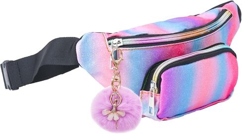 حقائب حزام صغيرة خفيفة الوزن للفتيات من Shiny Fashion Cute Kids Fanny Pack بجيبين بدون استخدام اليدين لقضاء العطلات والحفلات والمهرجانات والرحلات باللون الوردي اللامع (وردي + أزرق) in Kuwait