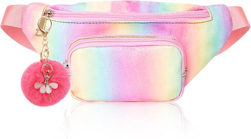 حقائب حزام صغيرة خفيفة الوزن للفتيات من Shiny Fashion Cute Kids Fanny Pack بجيبين بدون استخدام اليدين لقضاء العطلات والحفلات والمهرجانات والرحلات باللون الوردي اللامع (وردي + أزرق) in Kuwait