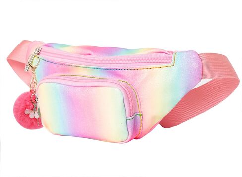 حقائب حزام صغيرة خفيفة الوزن للفتيات من Shiny Fashion Cute Kids Fanny Pack بجيبين بدون استخدام اليدين لقضاء العطلات والحفلات والمهرجانات والرحلات باللون الوردي اللامع (وردي + أزرق) in Kuwait