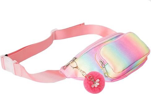 حقائب حزام صغيرة خفيفة الوزن للفتيات من Shiny Fashion Cute Kids Fanny Pack بجيبين بدون استخدام اليدين لقضاء العطلات والحفلات والمهرجانات والرحلات باللون الوردي اللامع (وردي + أزرق) in Kuwait