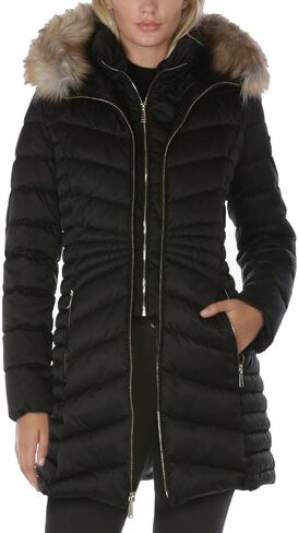 Laundry by Shelli Segal Women's 3/4 Puffer Jacket with Detachable Faux Fur Strip and Bib in Kuwait