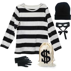 Adult Robber Costume Set Cosplay Thief Accessories for Halloween Party Black and White Striped Knit Beanie Cap