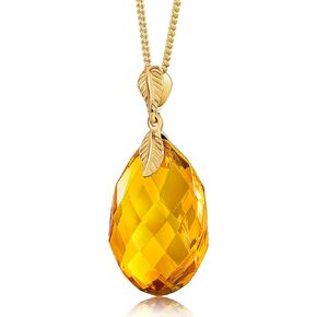 Baltic Amber Pendant for Women, Sparkling Amber Drop, Gold Plated Sterling Silver Necklace, Cognac Color Jewelry for Ladies