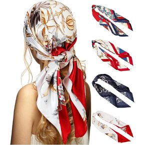 Newcotte 4 Pcs 35'' Large Square Satin Hair Scarf Silk Like Head Scarf Floral Satin Head Wrap Flower Hair Bandana Neck Scarf