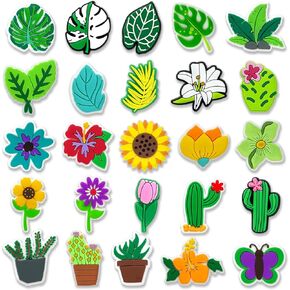 25 40Pcs Plants Shoe Charms for Clogs Sandals Bracelet Wristband Slippers Water Shoes, Potted Leaf Flower Shoe Decoration Charms for Kids Girls Adults Party Favor Gifts