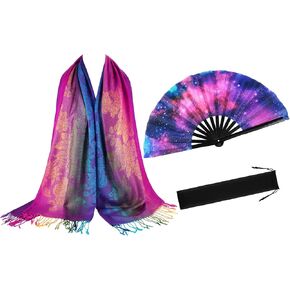 Qunclay 2 Pcs UV Glow Large Rave Hand Fan with Pashmina Scarf for Women Colorful Flowers Jacquard Shawl Performance Hand Fan