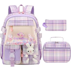 Girls Backpack Elementary School, Bunny Backpack for Girls with Lunch Box Cute Kids Bookbag Set Kindergarten Preschool Kawaii Toddler Knapsack(Lunch Bag Sets Blue)