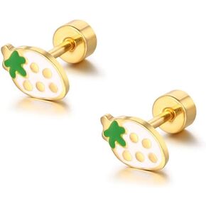 18g Tiny Strawberry Stud Earrings Flat Back for Women Teen Girls 14k Gold Plated Surgical Stainless Steel Hypoallergenic Cute Small Enamel Fruits Cartilage Tragus Screw Back Piercing Sensitive Ear Jewelry