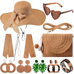 15 Pcs Summer Women Wide Brim Sun Hats Straw Shoulder Bag Set with Tropical Beach Sunglasses Earrings and Bracelet