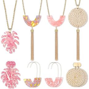 Fiada 8 Pcs Boho Necklace and Earring Sets for Women Acrylic Resin Rattan Earrings Necklace Jewelry for Beach Party