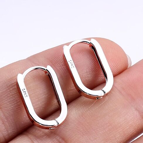 S925 Sterling Silver Hoop Earrings, 2pcs Small Oval Hoop Earrings for Women U-shaped S925 Minimalist Earrings Sterling Silver Light Weight and Comfortable in Saudi Arabia