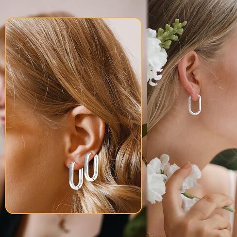 S925 Sterling Silver Hoop Earrings, 2pcs Small Oval Hoop Earrings for Women U-shaped S925 Minimalist Earrings Sterling Silver Light Weight and Comfortable in Saudi Arabia