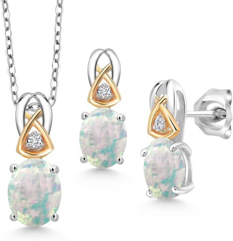 Gem Stone King 925 Silver and 10K Yellow Gold 8X6MM and 7X5MM Oval Gemstone Birthstone Pendant Earrings Set For Women With 18 Inch Chain in Saudi Arabia