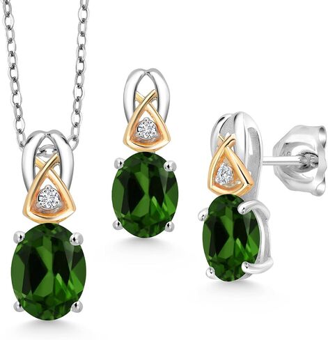 Gem Stone King 925 Silver and 10K Yellow Gold 8X6MM and 7X5MM Oval Gemstone Birthstone Pendant Earrings Set For Women With 18 Inch Chain in Saudi Arabia