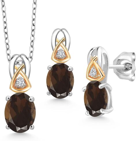 Gem Stone King 925 Silver and 10K Yellow Gold 8X6MM and 7X5MM Oval Gemstone Birthstone Pendant Earrings Set For Women With 18 Inch Chain in Saudi Arabia