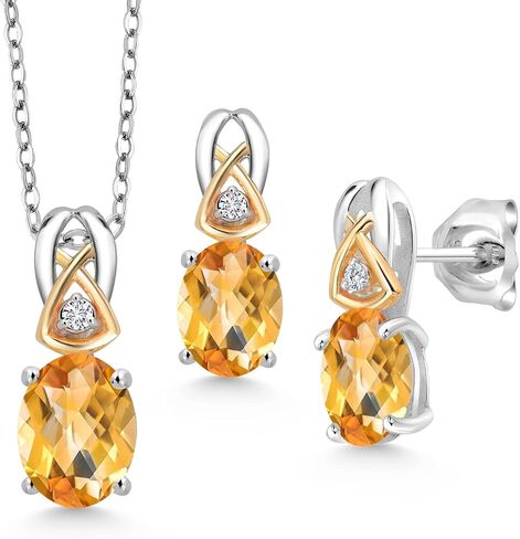 Gem Stone King 925 Silver and 10K Yellow Gold 8X6MM and 7X5MM Oval Gemstone Birthstone Pendant Earrings Set For Women With 18 Inch Chain in Saudi Arabia