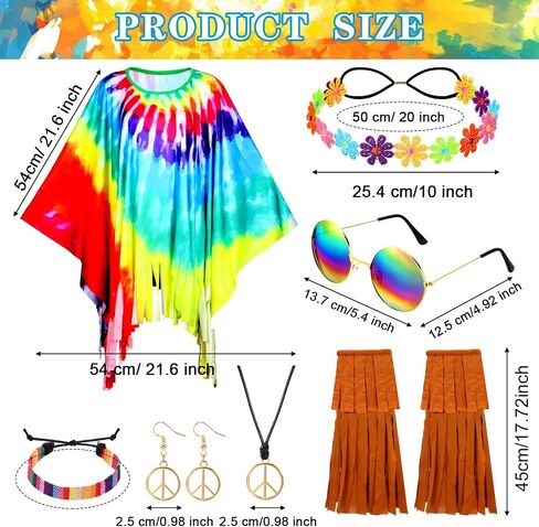 Hicarer 7Pcs 60s 70s Hippie Costume Accessories Set Tie Dye Poncho Tassel Boot Covers Sunglasses Outfits for Cosplay Party in Saudi Arabia