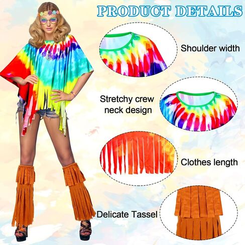 Hicarer 7Pcs 60s 70s Hippie Costume Accessories Set Tie Dye Poncho Tassel Boot Covers Sunglasses Outfits for Cosplay Party in Saudi Arabia