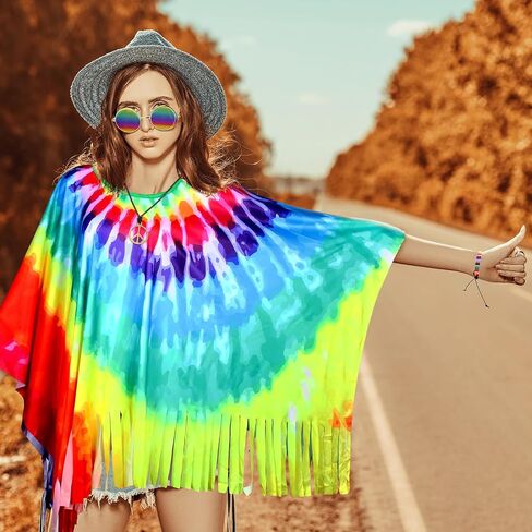 Hicarer 7Pcs 60s 70s Hippie Costume Accessories Set Tie Dye Poncho Tassel Boot Covers Sunglasses Outfits for Cosplay Party in Saudi Arabia
