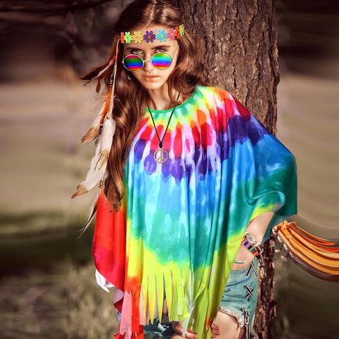 Hicarer 7Pcs 60s 70s Hippie Costume Accessories Set Tie Dye Poncho Tassel Boot Covers Sunglasses Outfits for Cosplay Party in Saudi Arabia