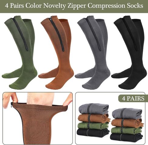 Tarpop 4 أزواج الرجال جوارب ضغط سستة ملونة 20-30mmhg جوارب ضغط مع سحاب للرجال النساء تورم وذمة in Kuwait
