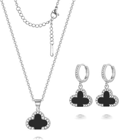 Clover Necklace and Clover Earrings Black White Green Red Pendant 18k Gold Plated Lucky Clover Jewelry Set for Women Trendy in Saudi Arabia