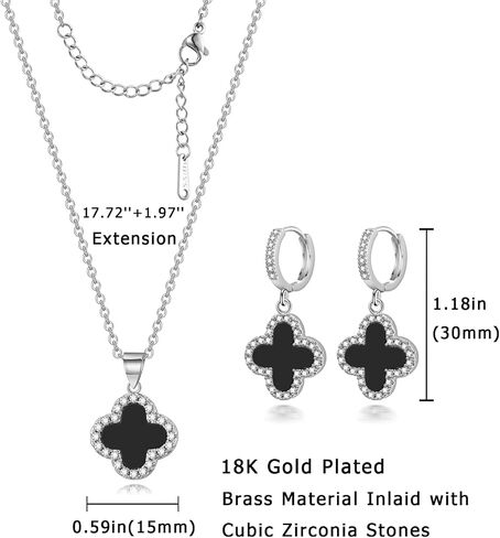 Clover Necklace and Clover Earrings Black White Green Red Pendant 18k Gold Plated Lucky Clover Jewelry Set for Women Trendy in Saudi Arabia