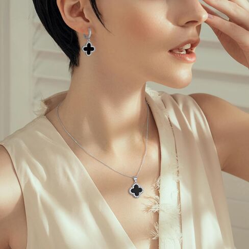 Clover Necklace and Clover Earrings Black White Green Red Pendant 18k Gold Plated Lucky Clover Jewelry Set for Women Trendy in Saudi Arabia