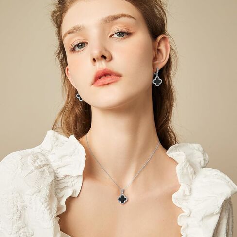 Clover Necklace and Clover Earrings Black White Green Red Pendant 18k Gold Plated Lucky Clover Jewelry Set for Women Trendy in Saudi Arabia