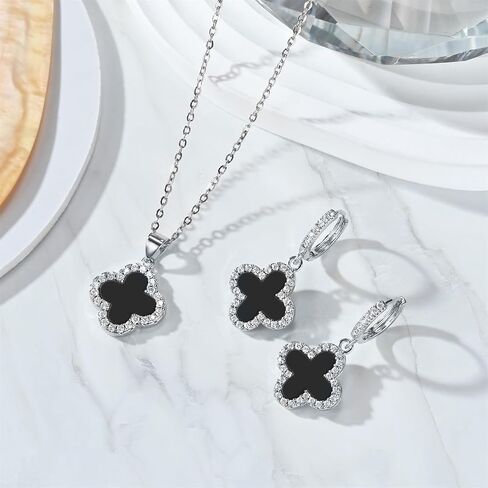 Clover Necklace and Clover Earrings Black White Green Red Pendant 18k Gold Plated Lucky Clover Jewelry Set for Women Trendy in Saudi Arabia