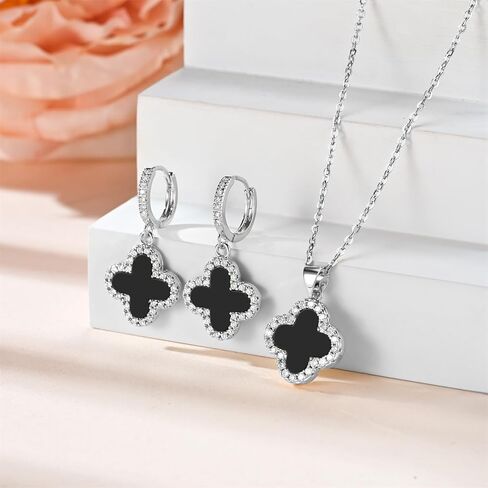 Clover Necklace and Clover Earrings Black White Green Red Pendant 18k Gold Plated Lucky Clover Jewelry Set for Women Trendy in Saudi Arabia