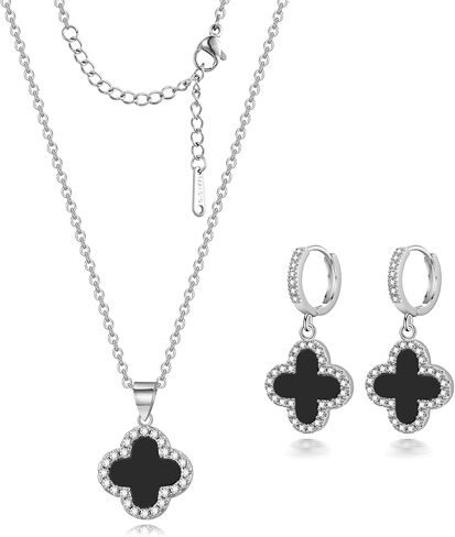 Clover Necklace and Clover Earrings Black White Green Red Pendant 18k Gold Plated Lucky Clover Jewelry Set for Women Trendy in Saudi Arabia