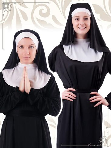 مجموعة أزياء Jiuguva Halloween Nun تتضمن قبعة راهبة وياقة راهبة ومجموعة راهبة نسائية مع غطاء للرأس، باللونين الأسود والأبيض in Kuwait
