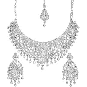Touchstone Indian Bollywood Masterly Created Sparkling Rhinestones Studded Look Grand Bridal Jewelry Necklace Earrings Mangtika Set In Silver or White or Gold Tone For Women.