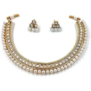Aheli Ethnic Faux Kundan Pearl Bridal Choker Necklace Indian Traditional Bollywood Jewelry Set with Earrings for Women