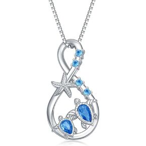 Turtle/Starfish/Dolphin Jewelry Pendant Necklace with Larimar/Crystal S925 Sterling Silver Ocean Necklace Jewelry for Women Mom Her Daughter Lover Birthday Gifts Idea