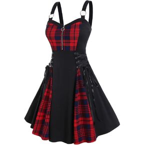 Rosegal Gothic Lace Up Plaid Half Zipper Fit and Flare Gothic Dress（Black-219/S）