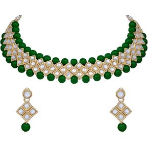 Aheli Faux Kundan Faux Bead Choker Necklace Earring Maang Tikka Indian Traditional Bollywood Jewelry Set for Women
