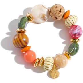 Coiris Multi Beaded Statement Bracelet Wooden Acrylic Beads Stretch Chunky Beads Bracelet for Wome Gift(BR-1215-Orange Mix)